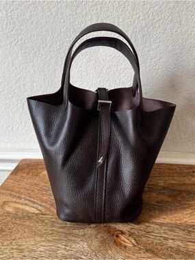 Dark Brown Ebene 18 Picotin Basket Satchel Pebble Leather Top Handle Bag